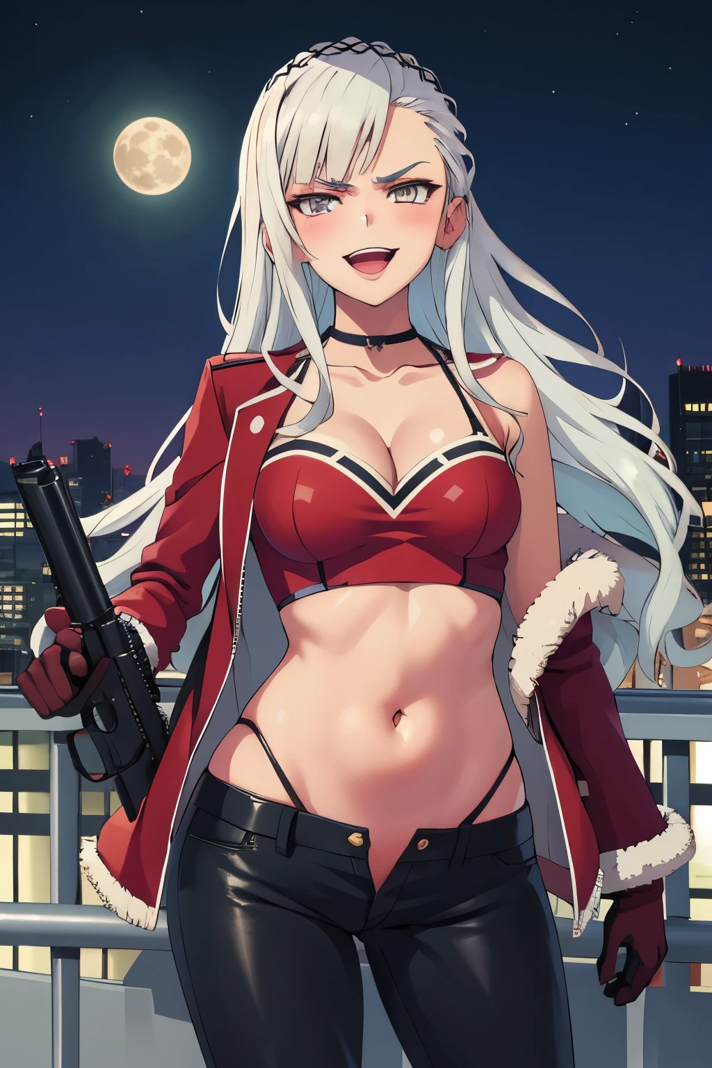  1girl fuka kiryuin asymmetrical bangs, standing,  evil smile, blush, lipstick, fur trim, mature female, gloves, fur-trimmed coat,outdoors, rooftop, cityscape, building, railing, night, night sky, scenery, moon, city lights, fur trim, mature female, gloves, fur-trimmed coat,masterpiece, best quality, highly detailed, a girls with a gun, evil smile , open mouth, sexy gaze, badass pose , evil smile, smile, (nsfw) not safe for work, guns blazing, anime girl with long hair, beautiful long haired girl, navel, evil expression, exposed belly, exposed navel, exposed midriff, exposed lower belly, long black pants, crop top, cleavage, unbuttoned leather pants ,open fly, low rise black leather pants, leather jacket, holding a gun,