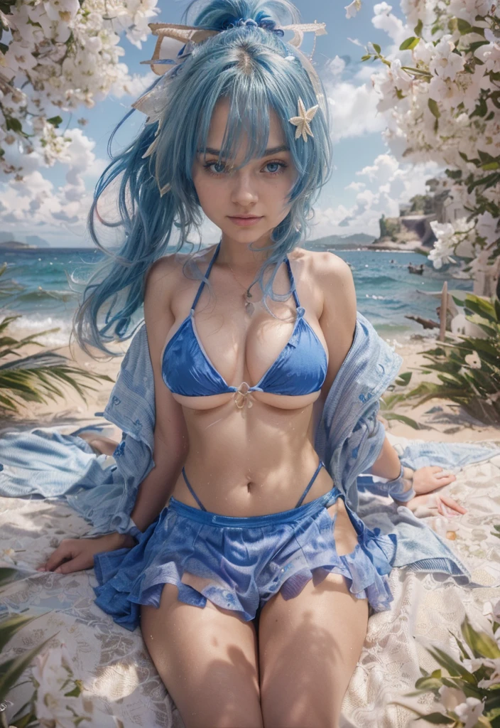 Young woman, blue color hairs, blue eyes, beautiful face, (fashion model portrait), (bikini, cute beautiful gorgeous ), uhd, hair onion, ((european)) cute european face, large breasts, masterpiece, best quality in the world, 18 years old, photorealistic, nobel photography, masterpiece, insane definition, uhd, 8k, 18 years old, the most actractive girl in the world , at beach, sun natural illumination light day