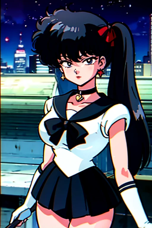 masterpiece, best quality, 1girl, solo, looking at viewer, facing viewer, night, rooftop, city, cityscape, anime screencap,1990s \(style\), (art by Naoko Takeuchi),EPsmPluto, arrow earrings, bishoujo senshi sailor moon, black bow, black choker, black sailor collar, black skirt, bow, brooch, choker, circlet, elbow gloves, garnet rod, gem, gloves, black hair, jewelry, long hair,kodachi kuno, miniskirt, pleated skirt, black eyes, red gemstone, sailor collar, shirt, short sleeves, skirt, solo, star (symbol), star choker, swept bangs, white shirt,Muscular thighs,Big Breasts