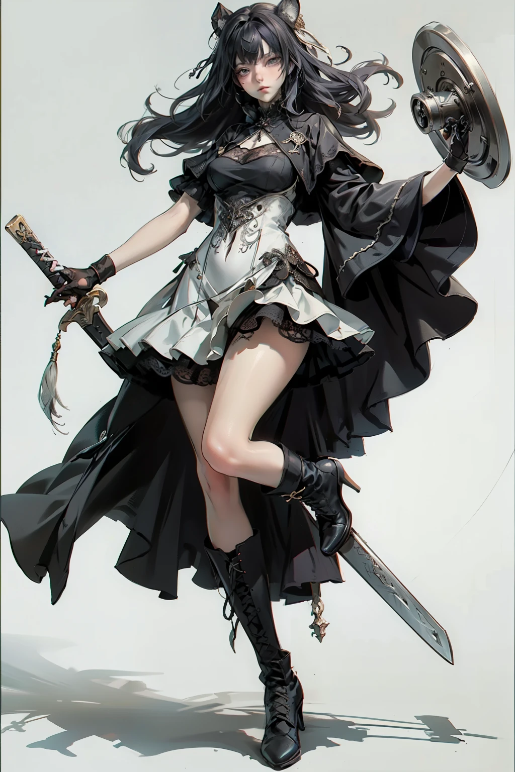 ((best quality)), ((masterpiece)), (detailed), blank white background, plain background, white background, Bloodborne inspired, occult aesthetic, occult, detailed and intricate steampunk and detailed gothic, NSFW, Very dramatic and cinematic lighting, cosmic horror, grim-dark, side-lighting, perfect face, NSFW, Fluttering lace flared long knee length dress with frilly petticoats, knee length dress, pleated petticoats, lolita dress, petticoats gothic lolita, complex lace boots, wielding a sword and holding a shield, side-lighting, gothic lolita aesthetic, beautiful small breasts, small breasts, full body, whole body, body, plain background, white background, blank background, no background, white background NSFW, full body, whole body, head-to-toe