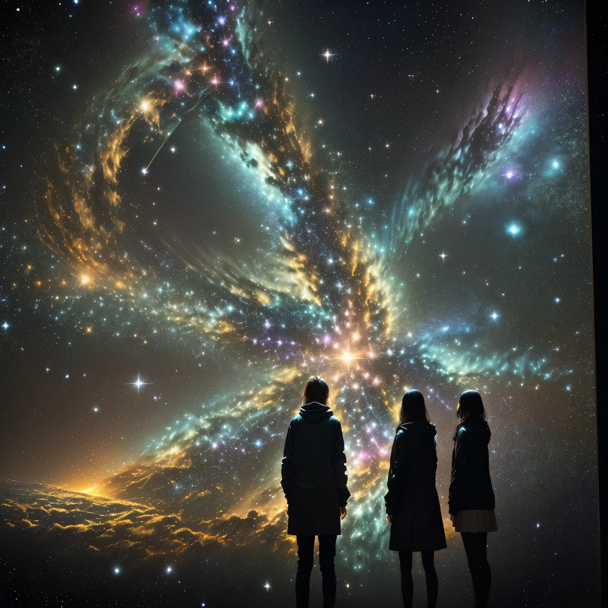 there are two people standing in front of a projection of a null, universeを眺める, teamlab, 背景には果てしないuniverse, universe, starfield in background, people々Watching wonderfully, universeの眺め, in a space starry, stars, starry null!!, universeを眺める, star(null) starry_null, starry