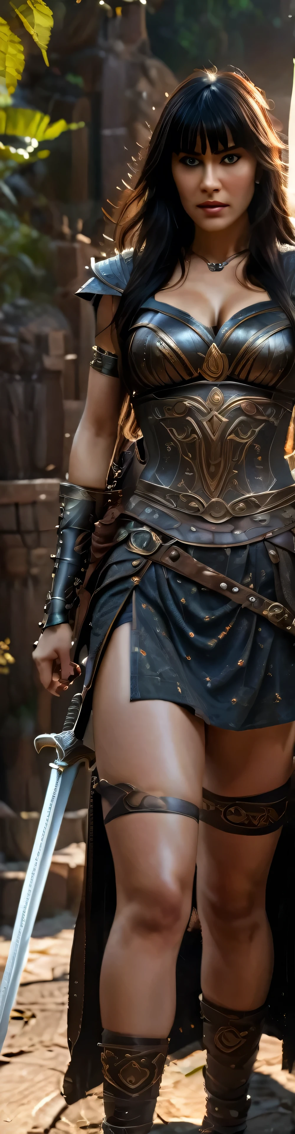 A female warrior, (Xena:1.3), medieval fantasy setting, detailed armor, (intricate sword:1.2), (beautiful detailed face and eyes:1.4), long dark hair, (powerful pose:1.1), cinematic lighting, dramatic colors, (best quality,4k,8k,highres,masterpiece:1.2),ultra-detailed,(realistic,photorealistic,photo-realistic:1.37)