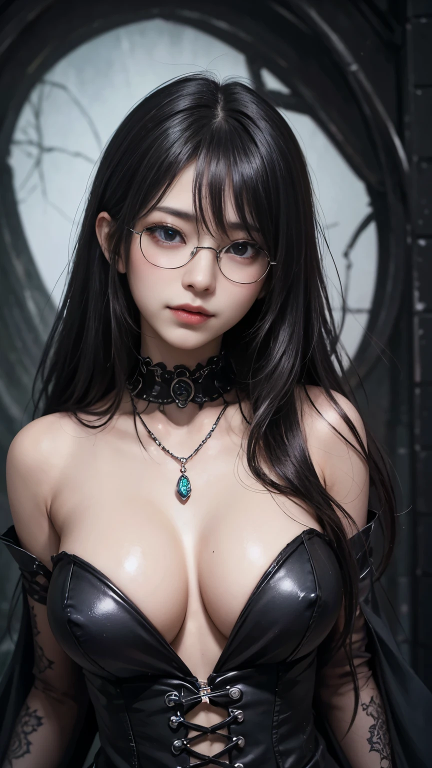 (highest quality,4K,8k,High resolution,masterpiece:1.2),Very detailed,(Realistic,photoRealistic,photo-Realistic:1.37), Close-up of a woman with dark hair and a black dress, Dark Eyes,an  ominous笑顔,((((Glasses))))、((((big sapphire necklace))))、Evil Aura,Burning Flames,Soul Corruption,Dark Shadows,an  ominous雰囲気,Strange symbols,Cursed Land,Eternal Darkness,Unforgettable Exists,Intimidating person,Grotesque features,Horror Scene,twisted reality,Scary atmosphere,A wonderful work of art,Evil Unleashed,Supernatural horror,Spooky art,nightmare fuel,Terrifyingly clear,Abstract fear,Terrifyingly beautiful,masterpiece,Fear incarnate,Shadow Chaos,Exists,to be born々Shii Darkness,in style of Dark Fantasy Art, Dark Fantasy Art, Beautiful and elegant queen of darkness, Dark Fantasy Art, fantasy dark art, Dark fantasy digital art, Gothic fantasy art, Gothic Dark Maiden, Detailed Texture,Spooky creatures,an  ominous雰囲気,Mythical,Space horror,darkness,Mysterious,Dark aesthetic,Fog Background,Eyes of another world,Ancient Gods々々々々, Powerful wizard, MysteriousStanding in the woods. Flowing robes decorated with symbols, Arms stretched out, Powerful,Tentacles,Pitch black blackness,Majestic,Unfathomable depth,nightmare,The Exists of the universe,an  ominousExists,seeping darknesss,Secrets of the Universe, (Spooky atmosphere), (((Dramatic Shadows), (Dynamic pose), ((Artistically expressed)), ((charm), (Gothic), (Mysterious Setting), (Moody color palette), (Skillfully drawn), (sense of unease), (Intricate details), (an  ominous smile), (an  ominous), (charm eyes), (Horror elements), (charm composition), (Impressive anatomy),(Striking contrast))), (Interesting character designs)、Dark Fantasy Portrait, Portrait of the Dark Goddess, 