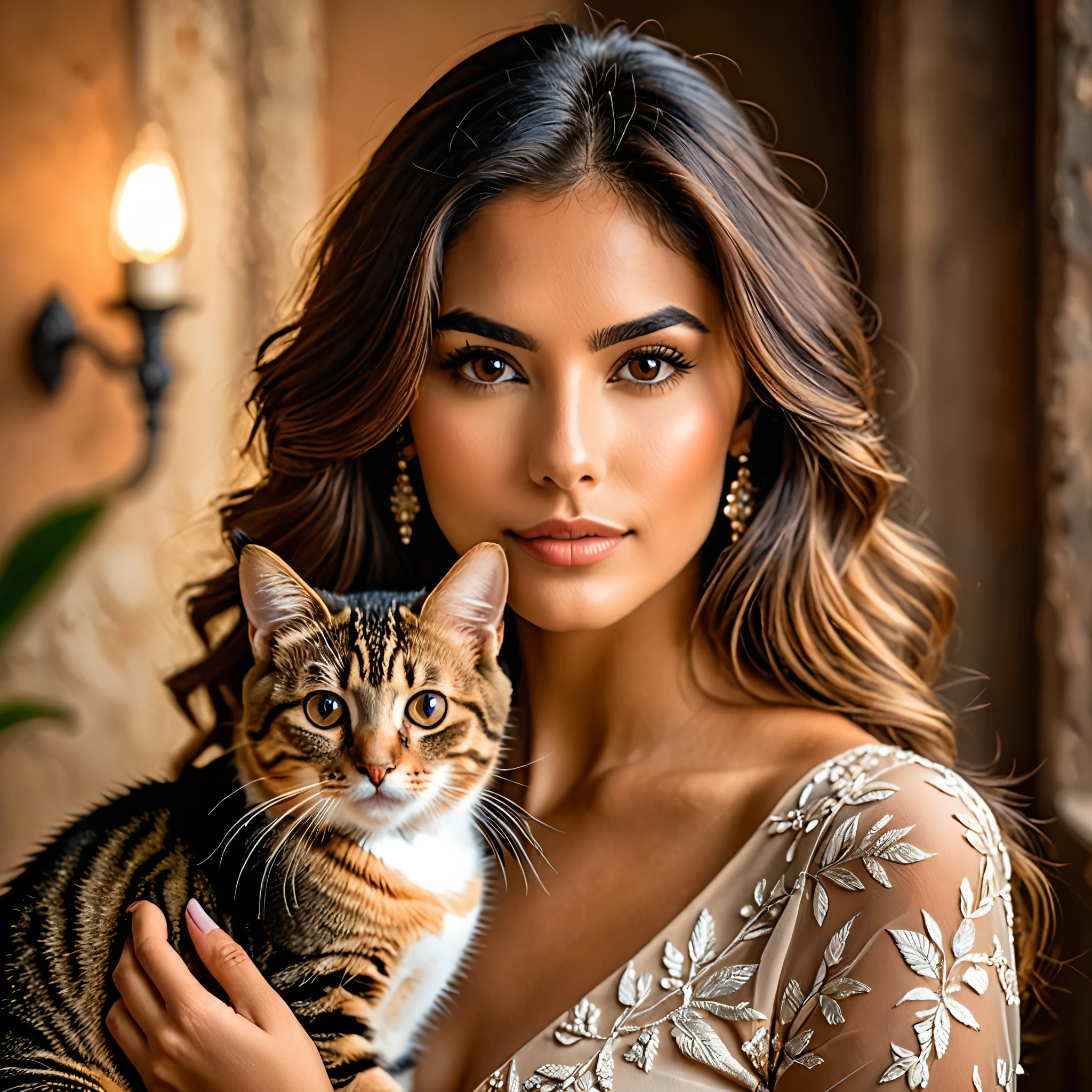 una hermosa latina piel morena con un lindo gato, ojos detallados, labios detallados, long eyelashes, cabello intrincado, Hermoso retrato detallado, muy detallado, 8K, Fotorrealista, pintura digital profesional, warm color palette, soft lighting, serene expression, facciones delicadas, vestido elegante, sentado en un interior acogedor, gato mascota en su regazo, feline companion, dramatic lighting, impresionante realismo
