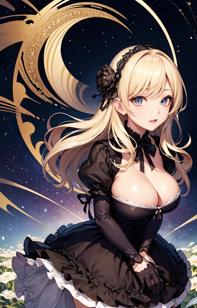 masterpiece, high quality, 4K, Beautiful design, silhouette,blonde, 非常に詳細な夜のStarry Sky,Flower Field, wonderful, Finer details, Very knowledgeable woman, Highly detailed solo, 1 female,Big Breasts,Gothic ta Fashion,2he'Cross your guns in front of your chest.,Night view,Starry Sky,full moon,