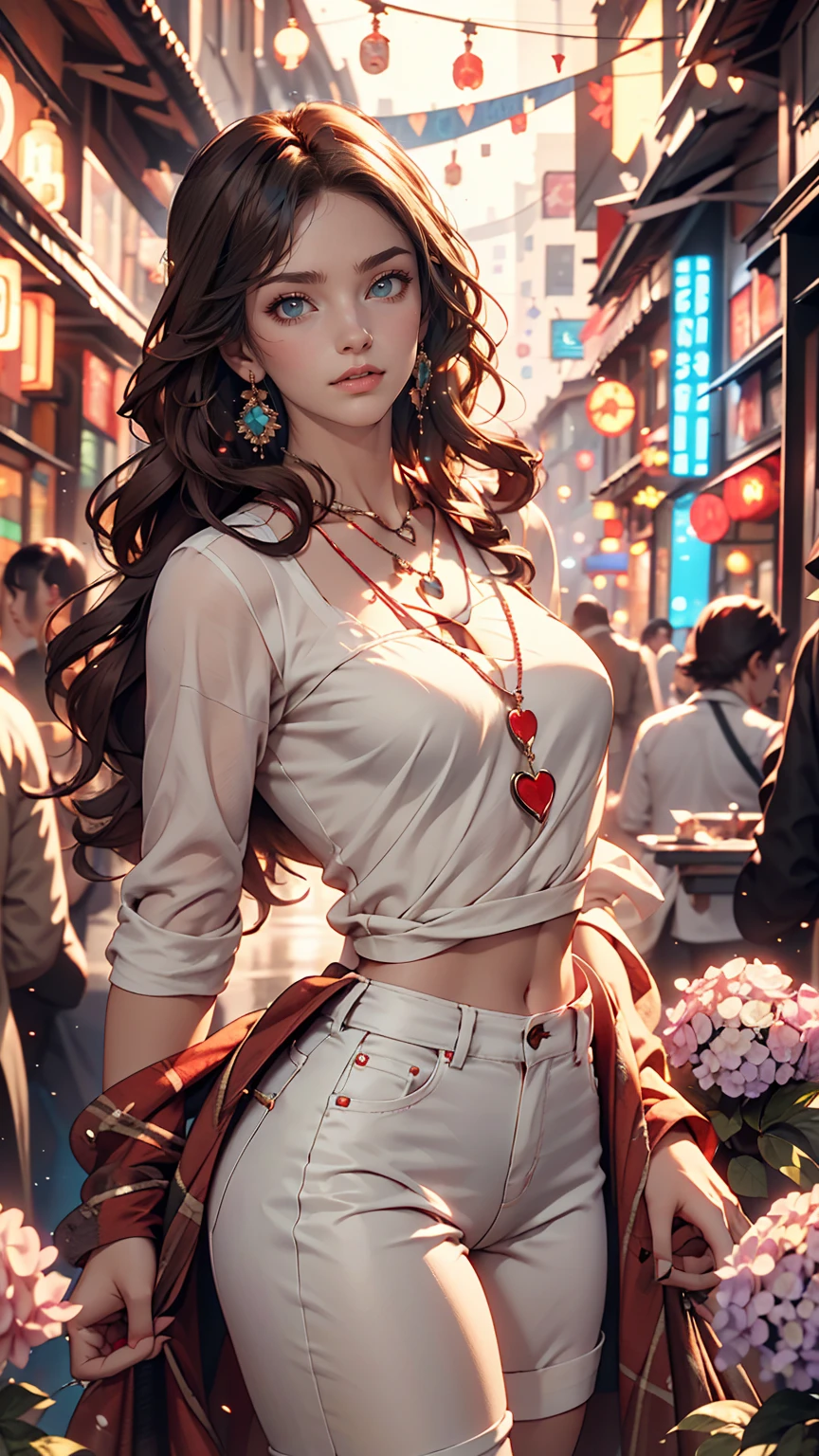 4K, June scenery, Beautiful woman, Long Hair, Brown Hair, Medium chest, blue eyes, White shirt, hot pants, Neon Red Heart Necklace, View Viewer, night, Multicolored hydrangea