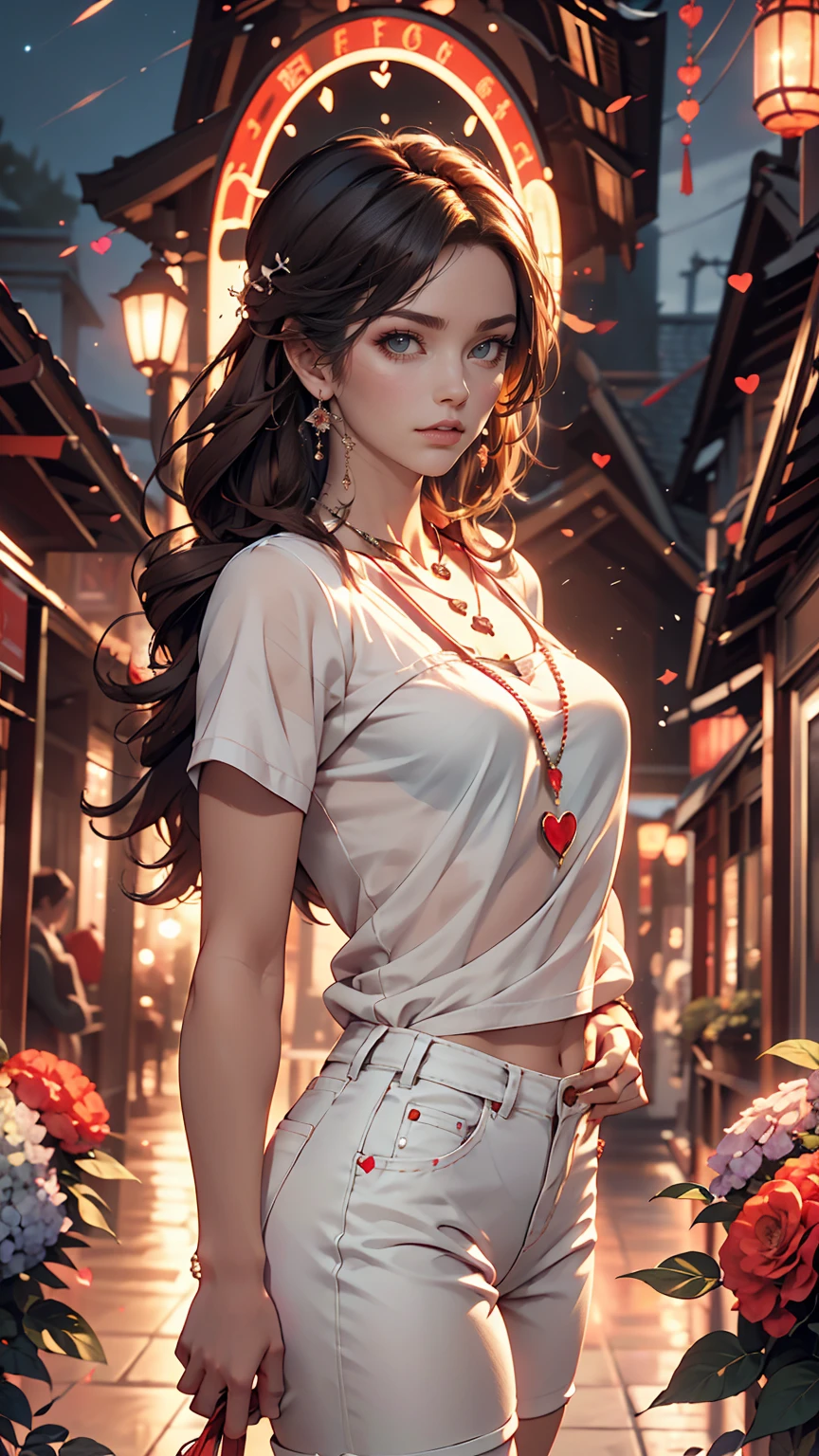4K, June scenery, Beautiful woman, Long Hair, Brown Hair, Medium chest, blue eyes, White shirt, hot pants, Neon Red Heart Necklace, View Viewer, night, Multicolored hydrangea
