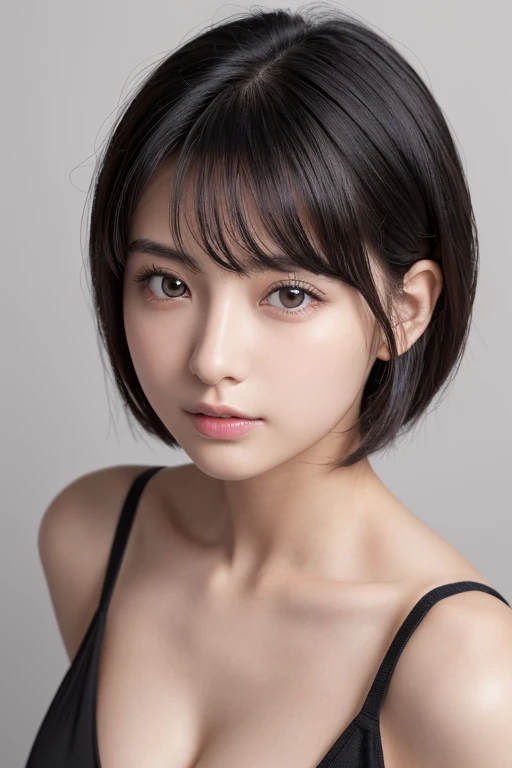 (High resolution:1.3), (16k, Photorealistic, Raw photo, Best image quality: 1.4), Japanese, (One Girl), Beautiful Face, (A vivid face), (Black-haired、short hair:1.3), Beautiful Hairstyles, Realistic eyes, Beautifully detailed eyes, (Realistic Skin), Beautiful skins, attractive, 超A high resolution, Surreal, High detail, Golden Ratio, Highly detailed cute girl,(20-year-old), (Breasts can be seen from the chest、Loose chest 1.5) 
