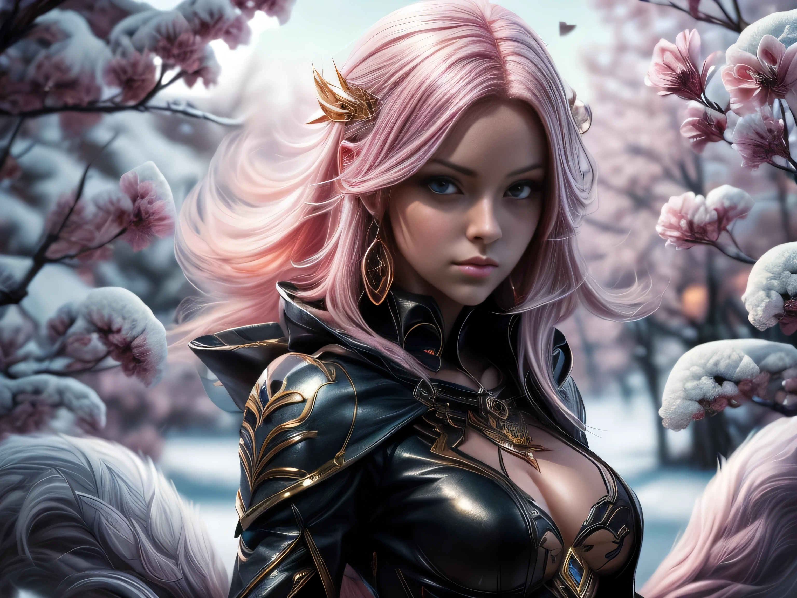 (Best Quality, 8K, Masterpiece, HDR, Soft Lighting, Picture Perfect, Realistic, Vivid), Nine tails of snow white fox(1.0), milk fox tail(1.0), nine tailed fox, anime girl with pink hair and pink, dressed in sexy leather suit, beautiful fantasy anime, very beautiful and cute fox girl, pink flower rain, background blur, anime fantasy, work in the style of Gouves, realistic:1.37, view from above, lies in pink flowers, horizontal view, (ultra high quality fantasy art), masterpiece, male model, ultra high quality female character designs, anime art with 8k development, realistic anime art, highest quality wallpaper illustrations, complex ultra high quality accurate female characters faces, high quality design and accurate physics (super-quality fantasy style)), art, dark fantasy)) Style), masterpieces, super-quality characters, anime resolution - 8K, realistic anime art, wallpapers with the highest quality illustrations, ultra-high detail of faces, high-quality design and physics accuracy), color, depth of field, shadows, ray tracing, production of high-quality computer wallpapers and 8K resolution, (Accurate simulation of the interaction of light and materials)], [High-quality detailed hair [More about beautiful and shiny red hair]], (Beautifully detailed hands [perfect fingers [Perfect nails]], (perfect anatomy (perfect proportions)))) [[Full length]], [Perfect color combination (Accurate imitation of the interaction of light and material)], [art that conveys the meaning of the story ]
