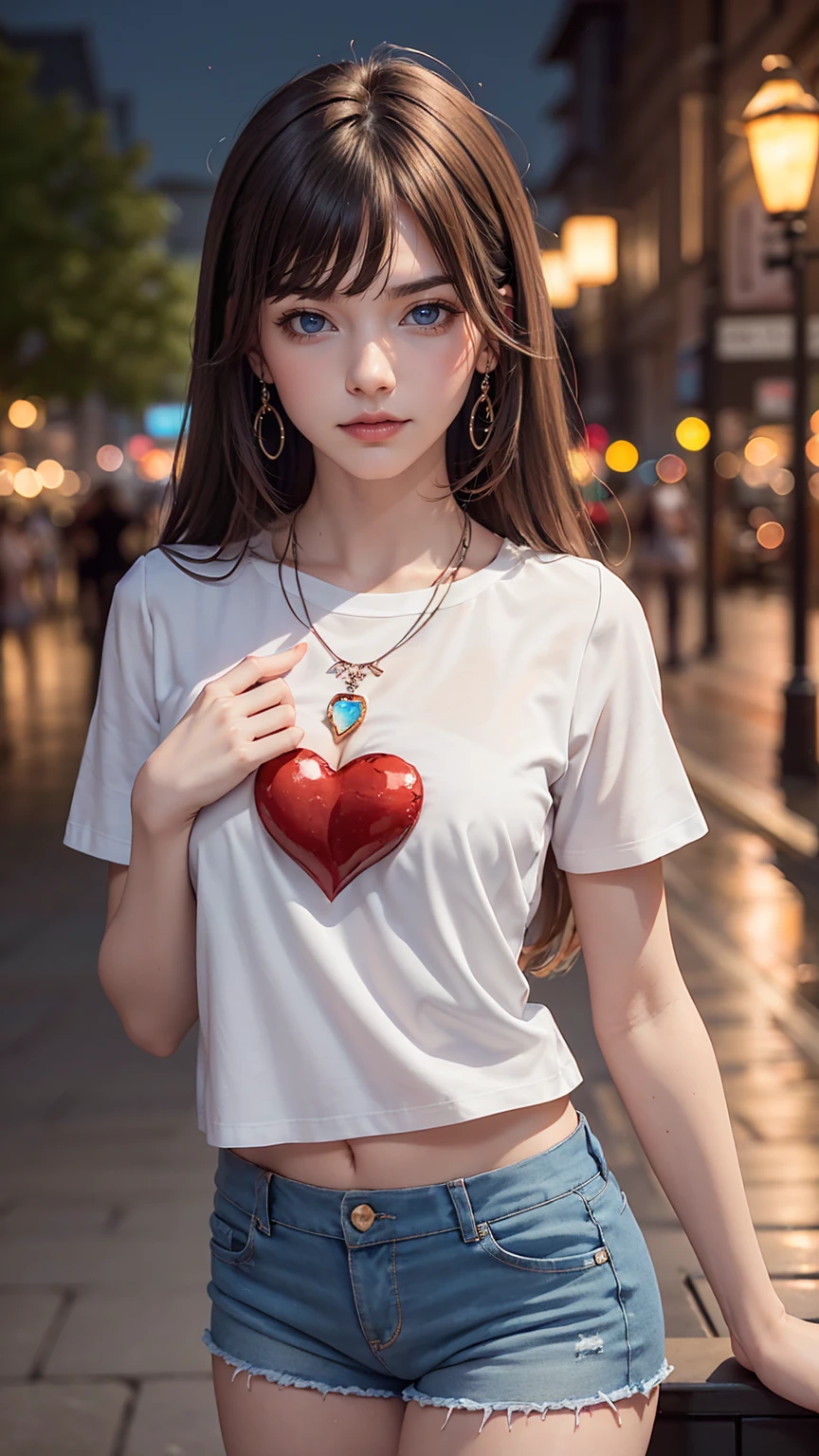 4K, June scenery, Beautiful woman, Long Hair, Brown Hair, Medium chest, blue eyes, White shirt, hot pants, Neon Red Heart Necklace, View Viewer, night, Multicolored hydrangea