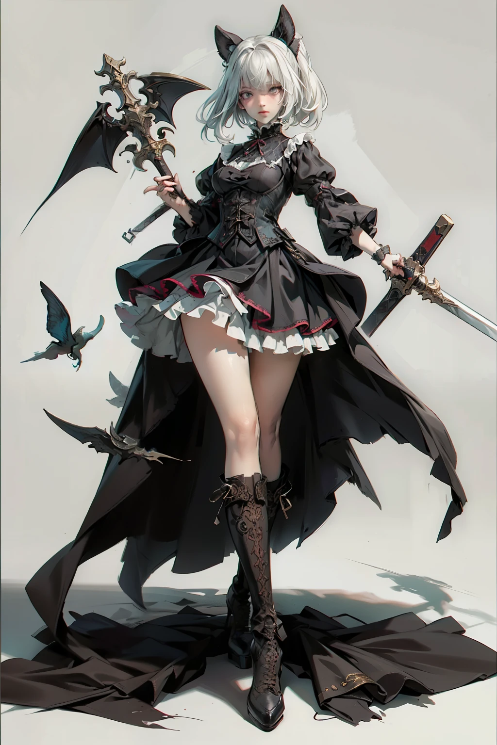 ((best quality)), ((masterpiece)), (detailed), blank white background, plain background, white background, Bloodborne inspired, occult aesthetic, occult, detailed and intricate steampunk and detailed gothic, NSFW, Very dramatic and cinematic lighting, cosmic horror, grim-dark, side-lighting, perfect face, NSFW, Fluttering lace flared long knee length dress with frilly petticoats, knee length dress, pleated petticoats, lolita dress, petticoats gothic lolita, complex lace boots, wielding a sword and holding a shield, side-lighting, gothic lolita aesthetic, beautiful small breasts, small breasts, full body, whole body, body, plain background, white background, blank background, no background, white background NSFW, full body, whole body, head-to-toe