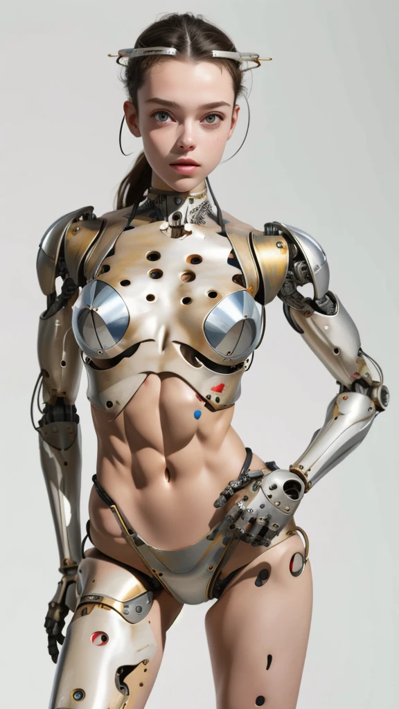 A helmeted cyborg, young woman,  18 years old, visor, with loose wires, metallic skin, hoses, exposed torso, androidperson, mark brooks, david mann, robot brain, made of steel, hyperrealism, post-apocalyptic, mechanical parts, joints, mecha, j_sci-fi, bikini, micro slingshot bikini, standing, hands on hips , white background 