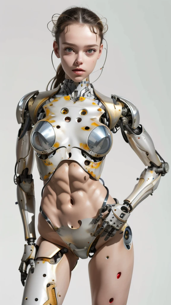 A helmeted cyborg, young woman,  18 years old, visor, with loose wires, metallic skin, hoses, exposed torso, androidperson, mark brooks, david mann, robot brain, made of steel, hyperrealism, post-apocalyptic, mechanical parts, joints, mecha, j_sci-fi, bikini, micro slingshot bikini, standing, hands on hips , white background 