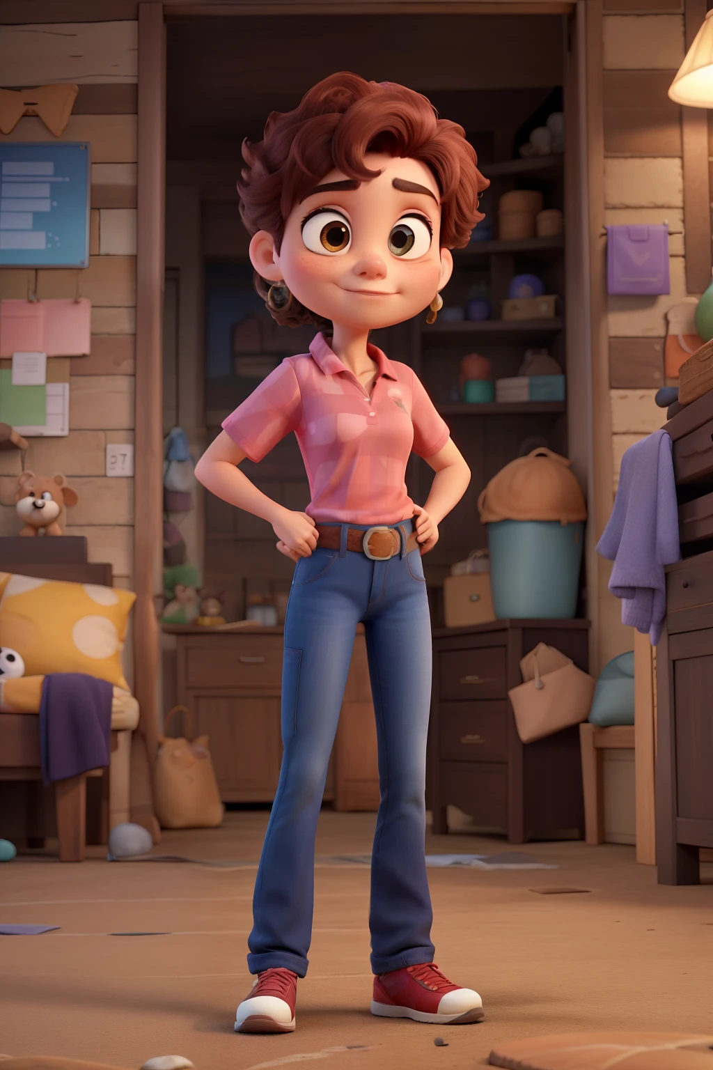 Crie um personagem Disney Pixar seguindo o modelo trata-se de uma mulherque trabalha em uma loja usando camisa polo rosa, lean features, cor morena, olhos castanhos claros, cabelos cacheados. Generate an image of crossed arms, em 8k realista.