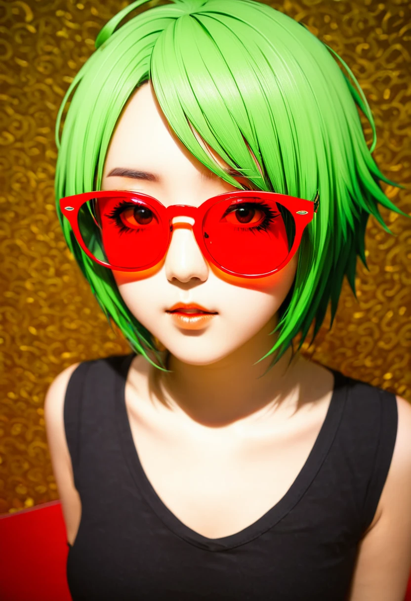 masterpiece, best_quality, 1girl, solo, gumi, , red eyewear on head,