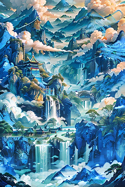 (blue theme:1.3), scenery, tree, water, architecture, mountain, cloud, bird, nature, masterpiece, best qualitylandscape, hyperrealistic,