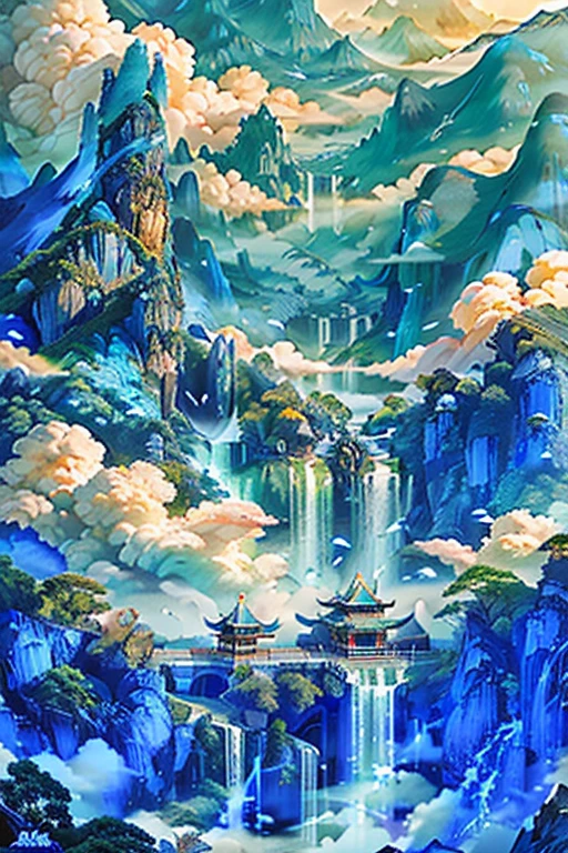 (blue theme:1.3), scenery, tree, water, architecture, mountain, cloud, bird, nature, masterpiece, best qualitylandscape, hyperrealistic,