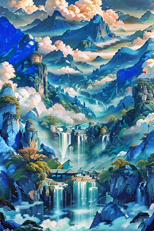 (blue theme:1.3), scenery, tree, water, architecture, mountain, cloud, bird, nature, masterpiece, best qualitylandscape, hyperrealistic,