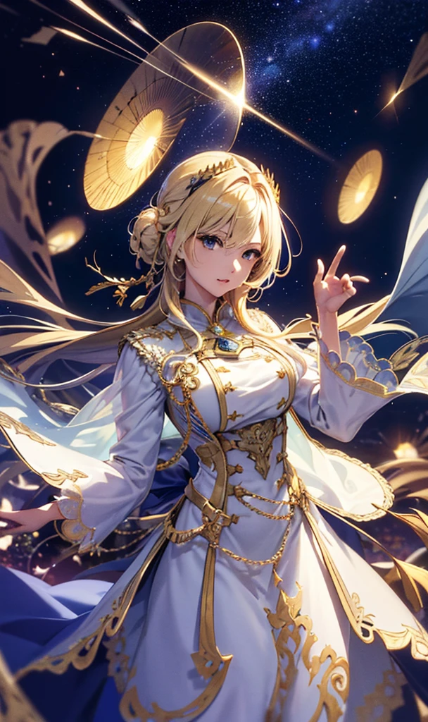 masterpiece, high quality, 4K, Beautiful design, silhouette，blonde， 非常に詳細な夜のStarry Sky,Glass Kingdom，Glass World，Glass Castle， wonderful, Finer details,  Very knowledgeable woman, Highly detailed solo, 1 female,Big Breasts， Pure white dress，Night view，Starry Sky，