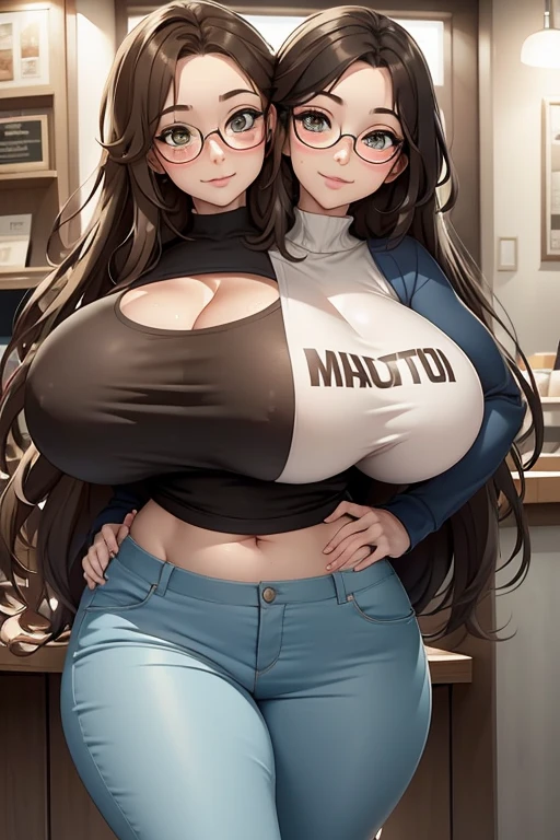 2heads, a very tall chubby woman with 2 heads. Three breasts, huge breasts. Standing outside a coffee shop. Wearing t-shirt, wearing jeans. Mature, milf. Messy long brown hair with white streak. Thin face, cute face. Nerdy, glasses. Smiling. Blushing. Huge breasts, three breasts. Seductive. Thick eyeliner. Eyeshadow. Baggy eyes. Extremely tall. Freckles, many freckles. Covered in freckles. 