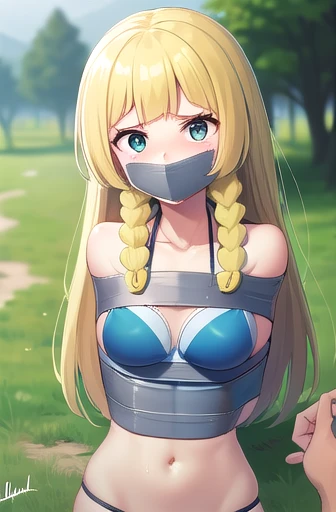 masterpiece, absurdres, 1girl, Lillie(Pokemon), length hair, messy hair, bronde hair, twin braids, breasts out,Bound, Bondage, (arms behind back:1.4), BDSM, tape, TAPE BONDAGE, close-up, srestrained, best anatomy, Curled up, scared face, shout, Upper body, blushing face, humiliation, desperate, bikini, (front), (men touching her), holding hair, pov hand pulling hair, hair played, hair toying, (men brushing her hair), outdoor, forest