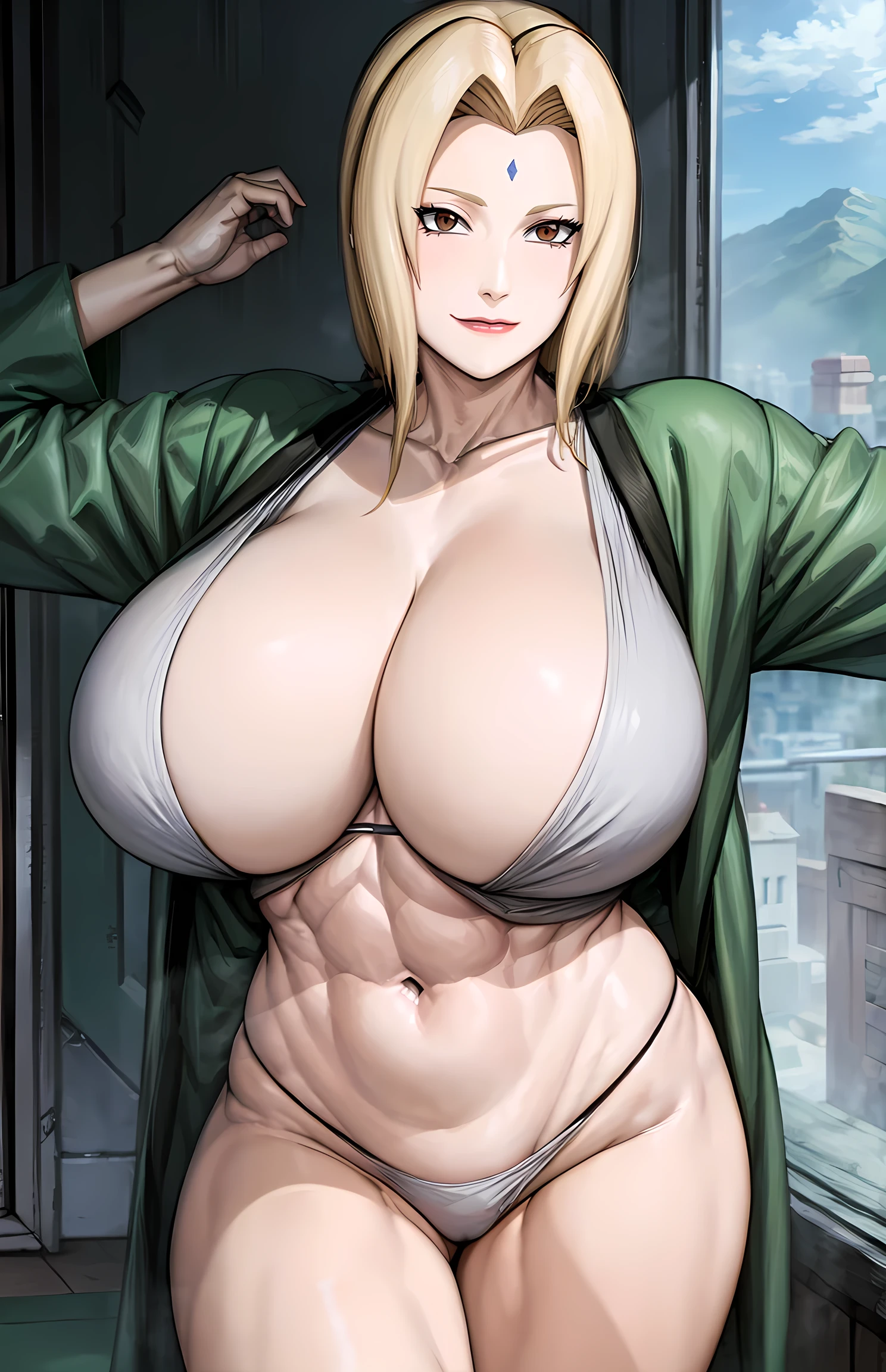 (huge tits), cleavage, good anatomy, masterpiece, best quality, 4k, 8k, professional photography, soft light, sharp focus, 1 girl,  blonde hair, short blous,visible midriff ,(mountain), clouds, blonde hair, parted banks, detailed face+brown eyes, smile, closed lips, lipstick, windows,(full bodyshot), (deep navelshow :1.5),toned abs,(oval shaped deep and long navel), alluring poses,(front view photo shoot),wears green robe,(panty),Very deep navel