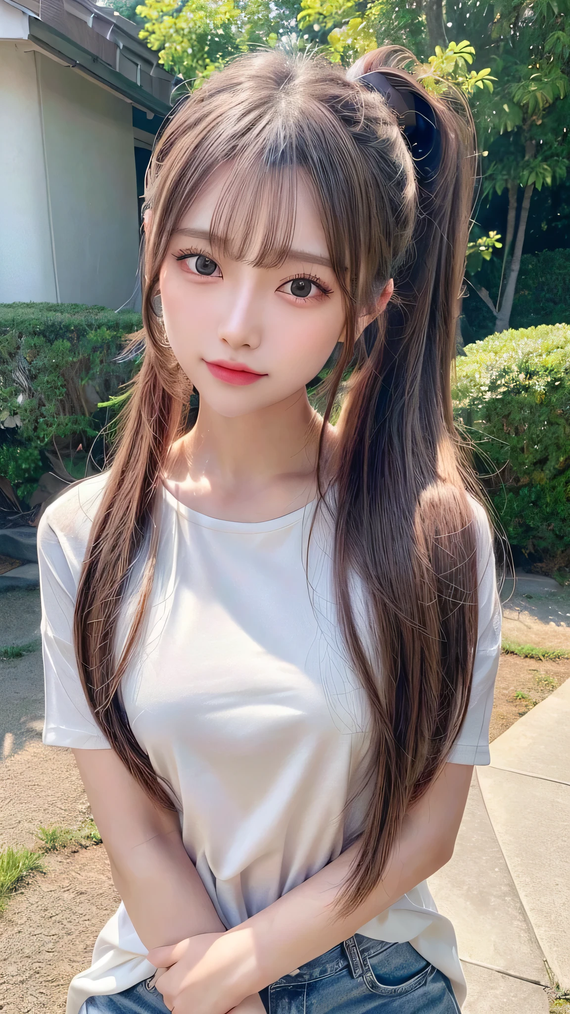 White T-shirt and jeans,outdoors,Urban Park,On the lawn,Outdoor,Close-up of face,Outdoor,Blushing,Facing forward,,Long hair ponytail,((8K, Raw photo, Best Quality, Mastepiece:1.2), (Realism, Photorealistic:1.4), (Highly detailed 8k wallpaper), Depth of written boundary, Cinematic Lighting, Soft Light, Detailed Beauty Eye,Shiny and smooth light brown ponytail, Asymmetrical bangs, Shiny skin, Ultra-detailed skins ,It is high resolution., High detail, Detailed hairstyle, Detailed facial beauty, Hyper-realistic, Perfect limbs, Perfect Anatomy ,1 Japanese girl,Famous Japanese Idols, Perfect female body,A shy smile,Short eyelashes,Double-edged eyelids,Look straight here,Hair style: ponytail,
