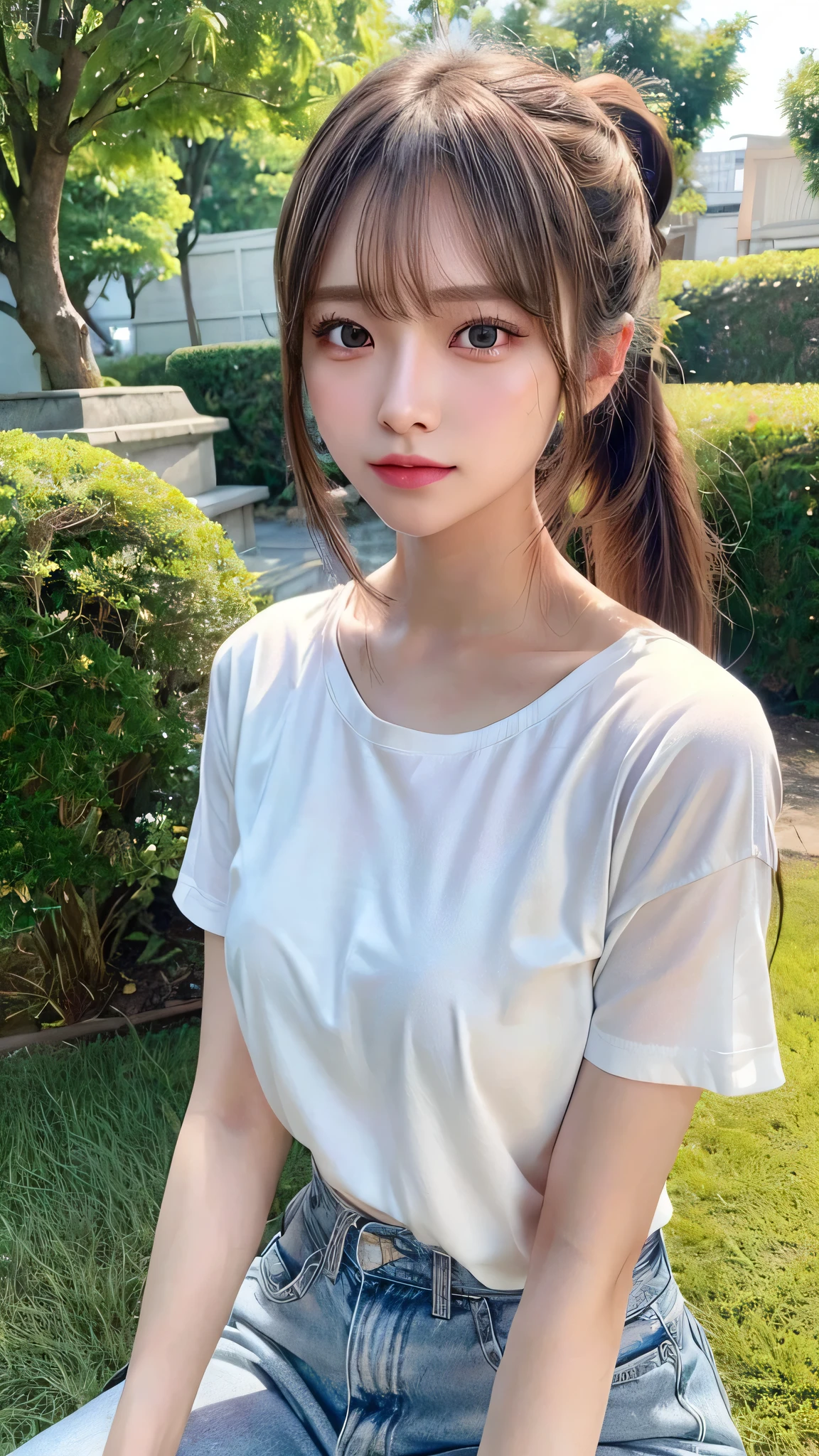 White T-shirt and jeans,outdoors,Urban Park,On the lawn,Outdoor,Close-up of face,Outdoor,Blushing,Facing forward,,Long hair ponytail,((8K, Raw photo, Best Quality, Mastepiece:1.2), (Realism, Photorealistic:1.4), (Highly detailed 8k wallpaper), Depth of written boundary, Cinematic Lighting, Soft Light, Detailed Beauty Eye,Shiny and smooth light brown ponytail, Asymmetrical bangs, Shiny skin, Ultra-detailed skins ,It is high resolution., High detail, Detailed hairstyle, Detailed facial beauty, Hyper-realistic, Perfect limbs, Perfect Anatomy ,1 Japanese girl,Famous Japanese Idols, Perfect female body,A shy smile,Short eyelashes,Double-edged eyelids,Look straight here,Hair style: ponytail,