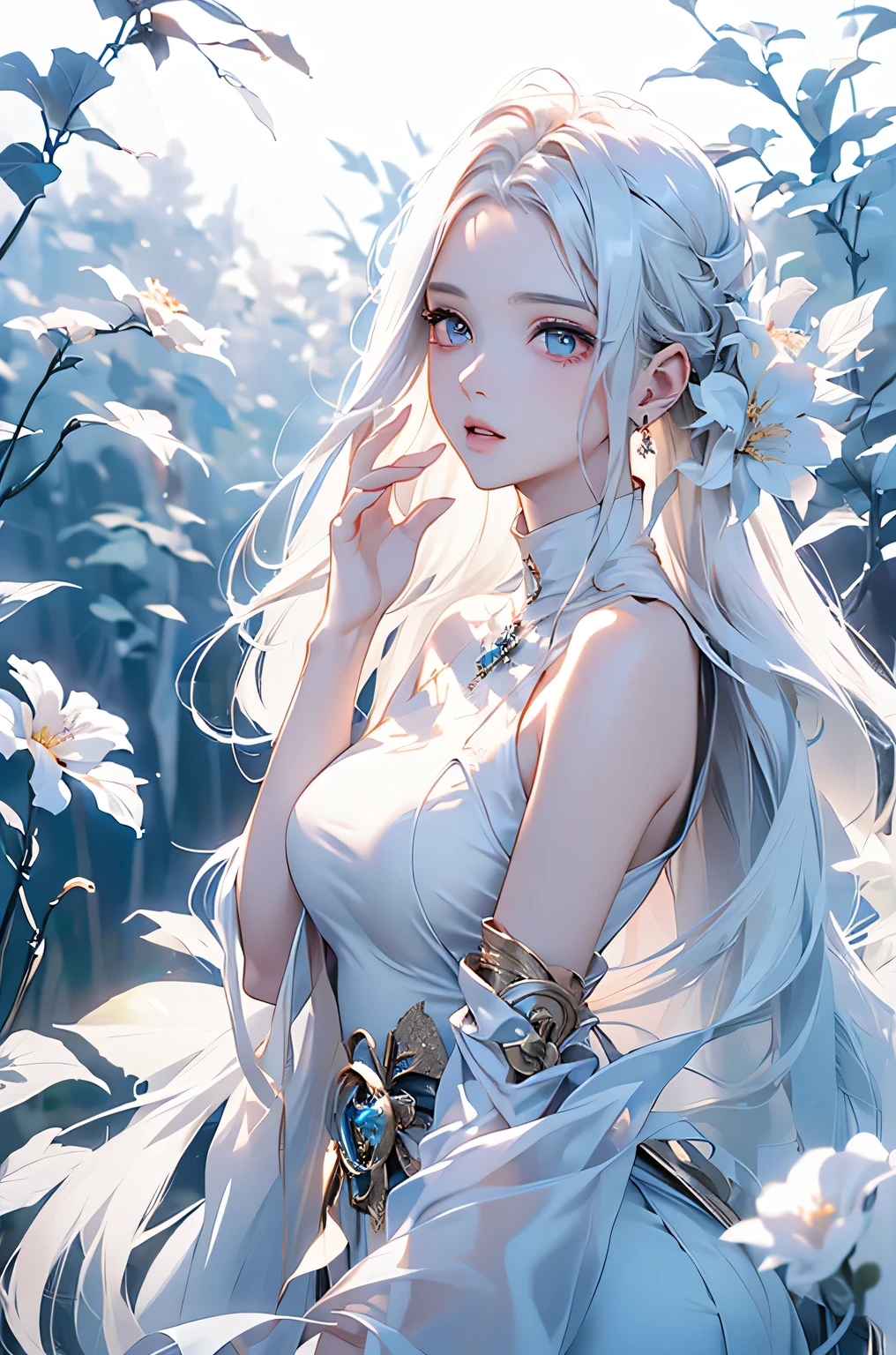 ((From the waist up))((masterpiece:1.5、8k、Portraiture、Photorealistic and very detailed CG、Very detailed、Particle Effects、Dynamic Effects、Written boundary depth、Cinematic Light、Lens flare、Ray Tracing、Tabletop、Realistic:1.4、超A high resolution:1.2、Realistic、Realistic))((alone、,Woman in turtleneck dress:1.4、Model-like pose:、Side bust、Ample breasts、Detailed face、brightexpression、young, bright, Whiter skin、Best Looks、Ultimate beauty、White hair with shiny highlights:1.8、bright and shiny hair,、Super long, Silky straight hair、Hair swaying in the wind))(Wonderful transparent flower々Surrounded by、White Background、Great background、Thin petals fluttering down)
