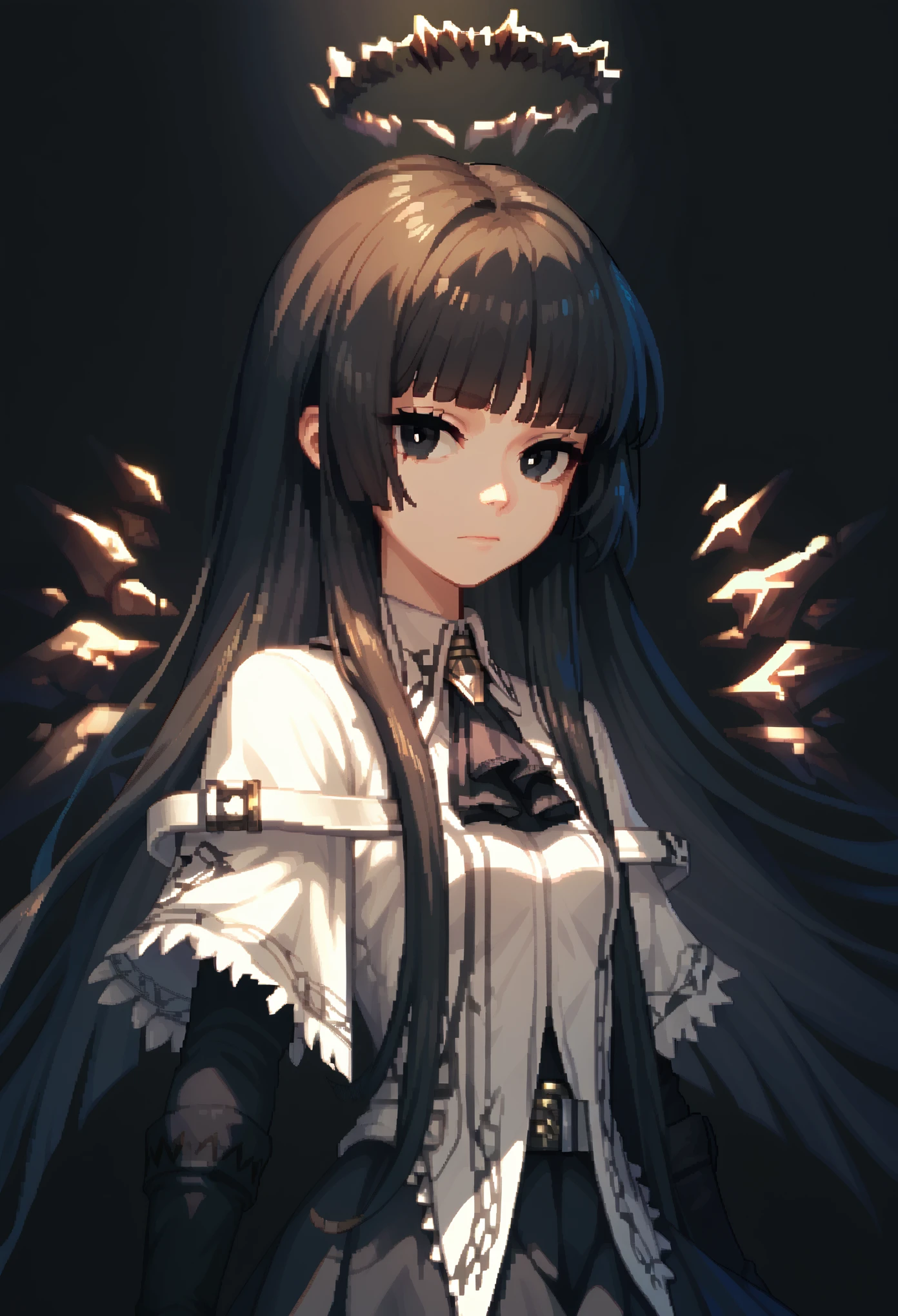 (score_9, score_8_up, score_7_up), (pixel art), 1girl, VirtuosaBase, black eyes, long hair, hime cut, broken halo, black ascot, white shirt, capelet, black sleeves, black gloves, belt, black skirt, energy wings, looking at viewer, upper body, zoom out, small breasts, neutral, calm, closed mouth, portrait, black background, eerie