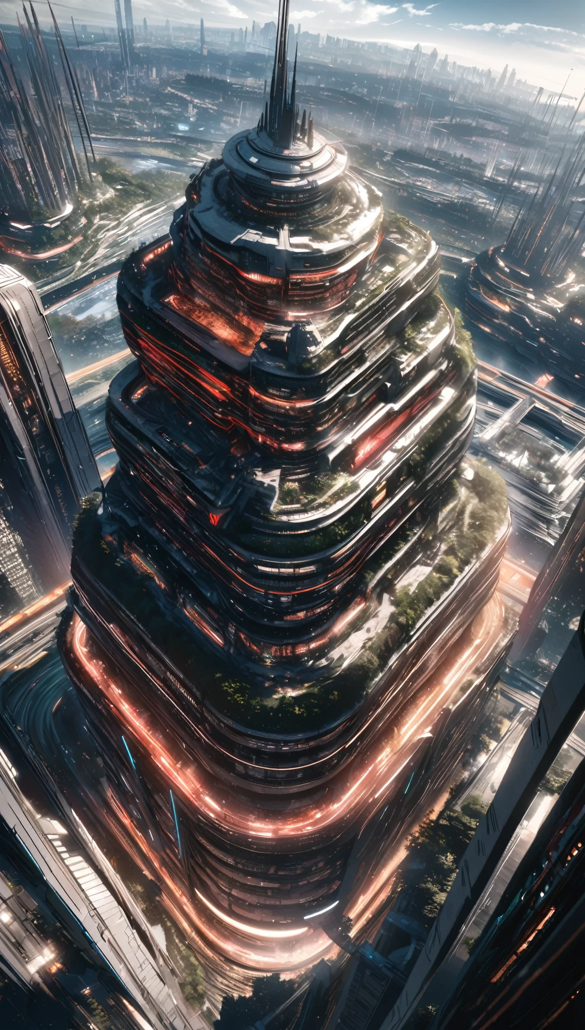 Anime aesthetics, advanced futuristic city forming on the planet, hive-ship fully integrated, Hans Giger style with modern influences, brighter sky with red star fading, advanced technology, curved lines, sci-fi, beautiful scene, wide shot, from above, 16k, 8k, best quality, highres, high quality, high details, super detail, accurate, UHD.