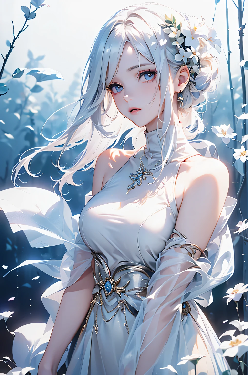 ((From the waist up))((masterpiece:1.5、8k、Portraiture、Photorealistic and very detailed CG、Very detailed、Particle Effects、Dynamic Effects、Written boundary depth、Cinematic Light、Lens flare、Ray Tracing、Tabletop、Realistic:1.4、超A high resolution:1.2、Realistic、Realistic))((alone、,Woman in turtleneck dress:1.4、Model-like pose:、Side bust、Ample breasts、Detailed face、brightexpression、young, bright, Whiter skin、Best Looks、Ultimate beauty、White hair with shiny highlights:1.8、bright and shiny hair,、Super long, Silky straight hair、Hair swaying in the wind))(Wonderful transparent flower々Surrounded by、White Background、Great background、Thin petals fluttering down)