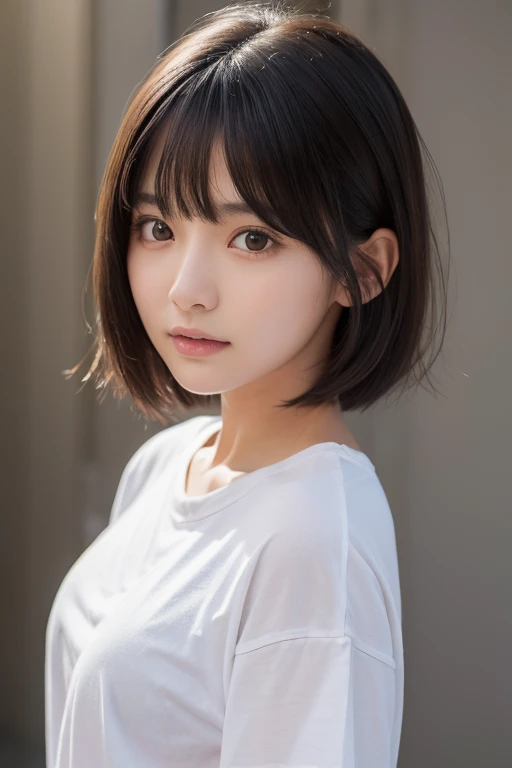 (High resolution:1.3), (16k, Photorealistic, Raw photo, Best image quality: 1.4), Japanese, (One Girl), Beautiful Face, (A vivid face), (Black-haired、short hair:1.3), Beautiful Hairstyles, Realistic eyes, Beautifully detailed eyes, (Realistic Skin), Beautiful skins, attractive, 超A high resolution, Surreal, High detail, Golden Ratio, Highly detailed cute girl,(20-year-old), (Oversized T-shirt showing nipples、Loose chest 1.5) 