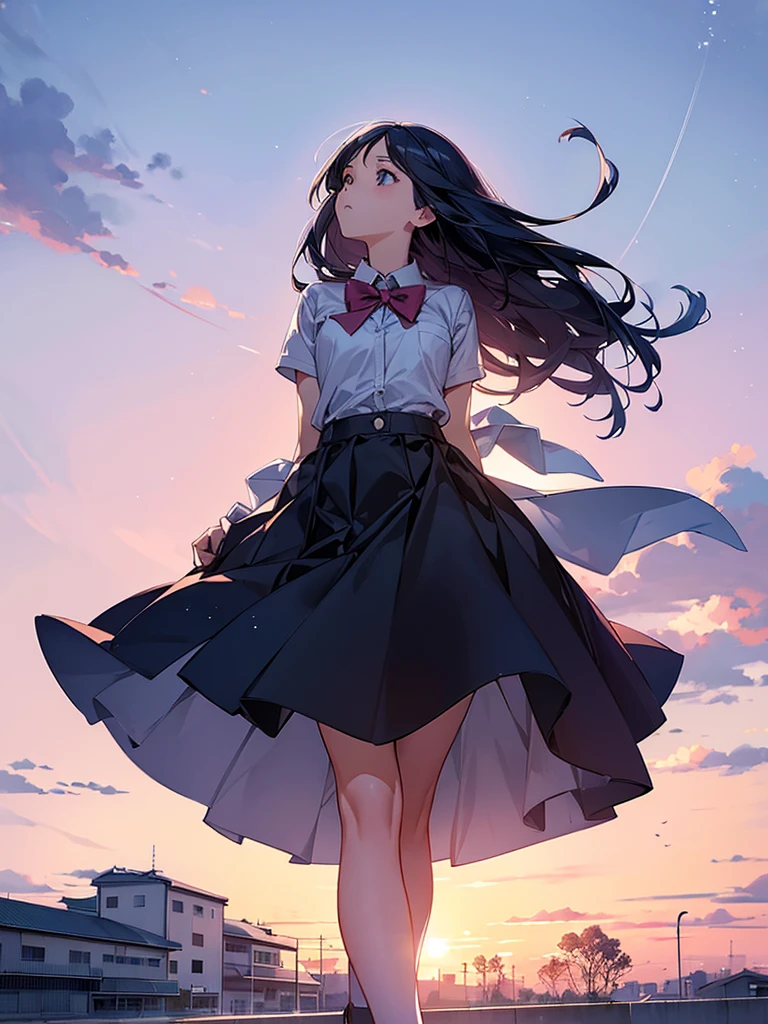 The perfect human body、(((Dawn Sky)))、Schoolyard、School building、She wears high heels 、(((Looking up at the sky)))、(Composition seen from a low position)、Beautiful views