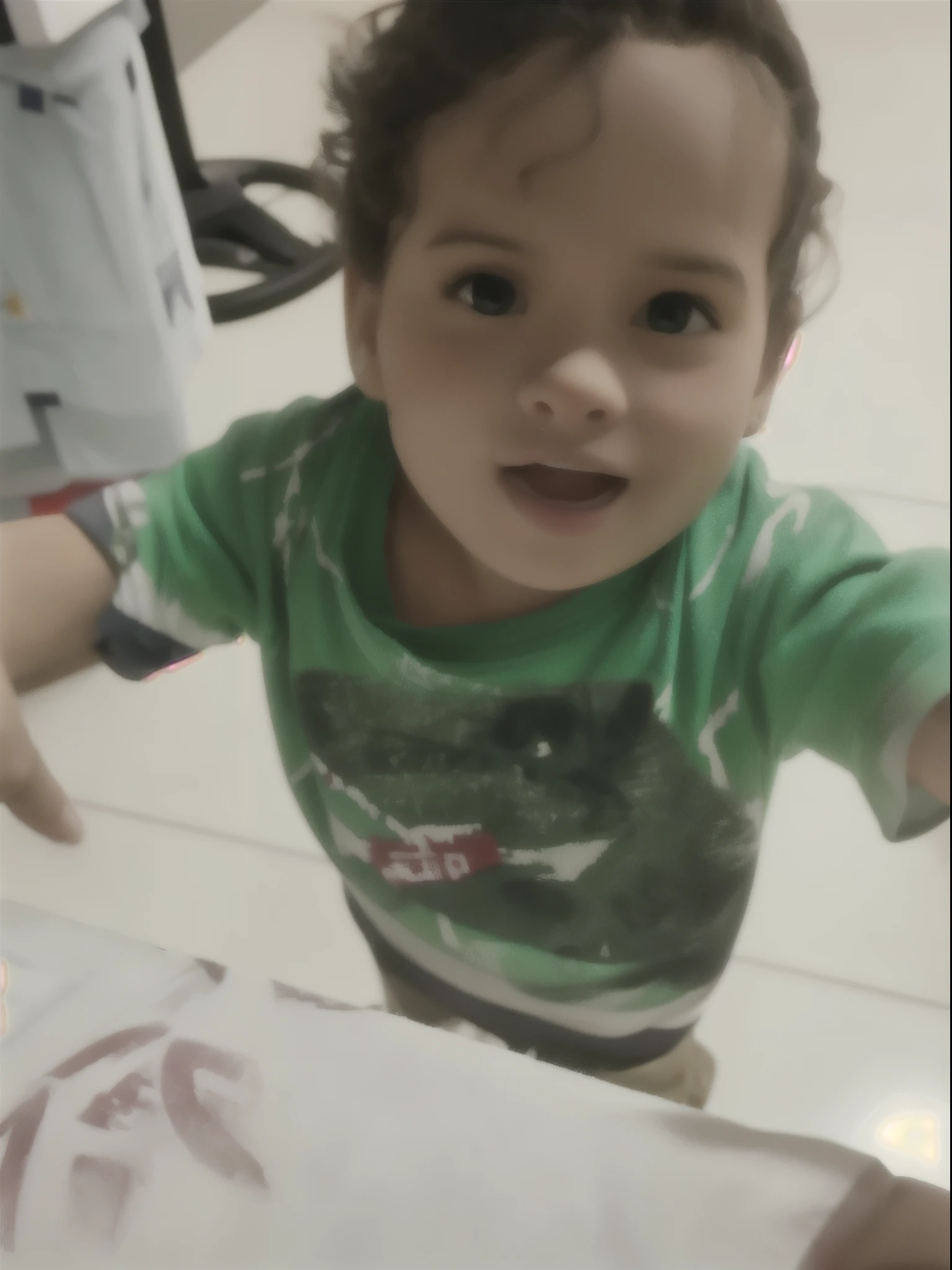 There&#39;s a baby who&#39;s standing with a toothbrush, inspirado em Abidin Dino, he is very happy, with a happy expression, muito animado, imagem de qualidade muito baixa, garoto fofo, feliz com a boca aberta, happy child, Ofegante, horror de arham, caio santos, , smiling happily at the camera