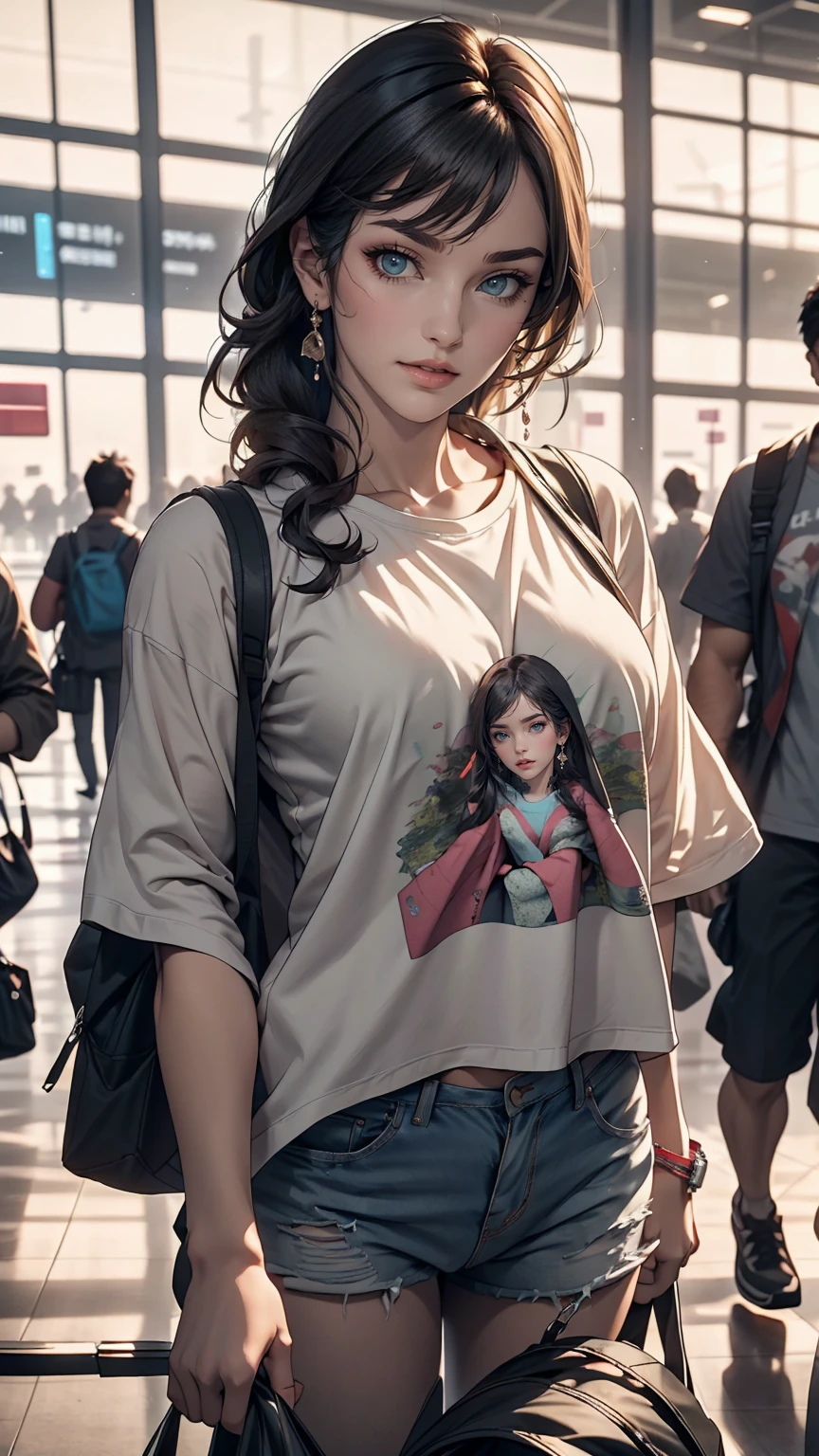 Real photos of Korean women, Crossed bangs, smile, T-Shirts, At the airport, throw, Eye-level shot, Blurred, 超High resolution, masterpiece, High resolution, 16k