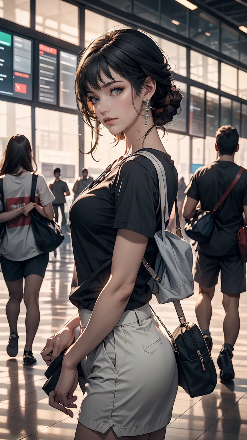Real photos of Korean women, Crossed bangs, smile, T-Shirts, At the airport, throw, Eye-level shot, Blurred, 超High resolution, masterpiece, High resolution, 16k