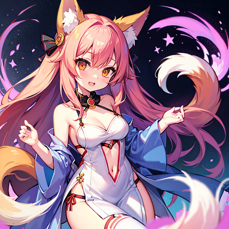 Fox Girl, Fox's Tail, Nine-Tailed Fox,Fox Ears, Black colored hair, Fox Makeup,One Girl、 Kimono with open chest, Body size is 100-70-90!、Nice body, Avatar, face, Open chest, lewd face, Dominant representation, naughty face,Big Breasts,Emphasize cleavage,Show bare skin、Skin is visible、With legs apart、Show off your thighs、With legs apart、A beautifully patterned kimono、I can see her cleavage、Muscular、Uplifting、Abdominal muscles、Exposed skin、Long Hair、Skin Texture、Soft breasts 、outside、Grassy field
