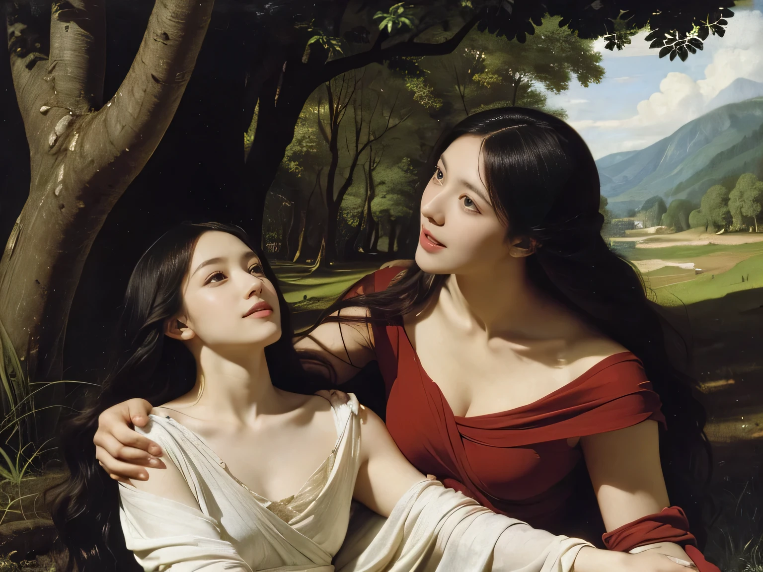 Giorgione painting style,Barbizon forest A beautiful woman in Greek dress smiles on the shore,Sweet and seductive appearance.、Caravaggio's paintings、Chiaroscuro of Caravaggio、hair tousled by the wind,Two women frolicking,cute smile, expression of ecstasy,Sexy,erotic, full body portrait