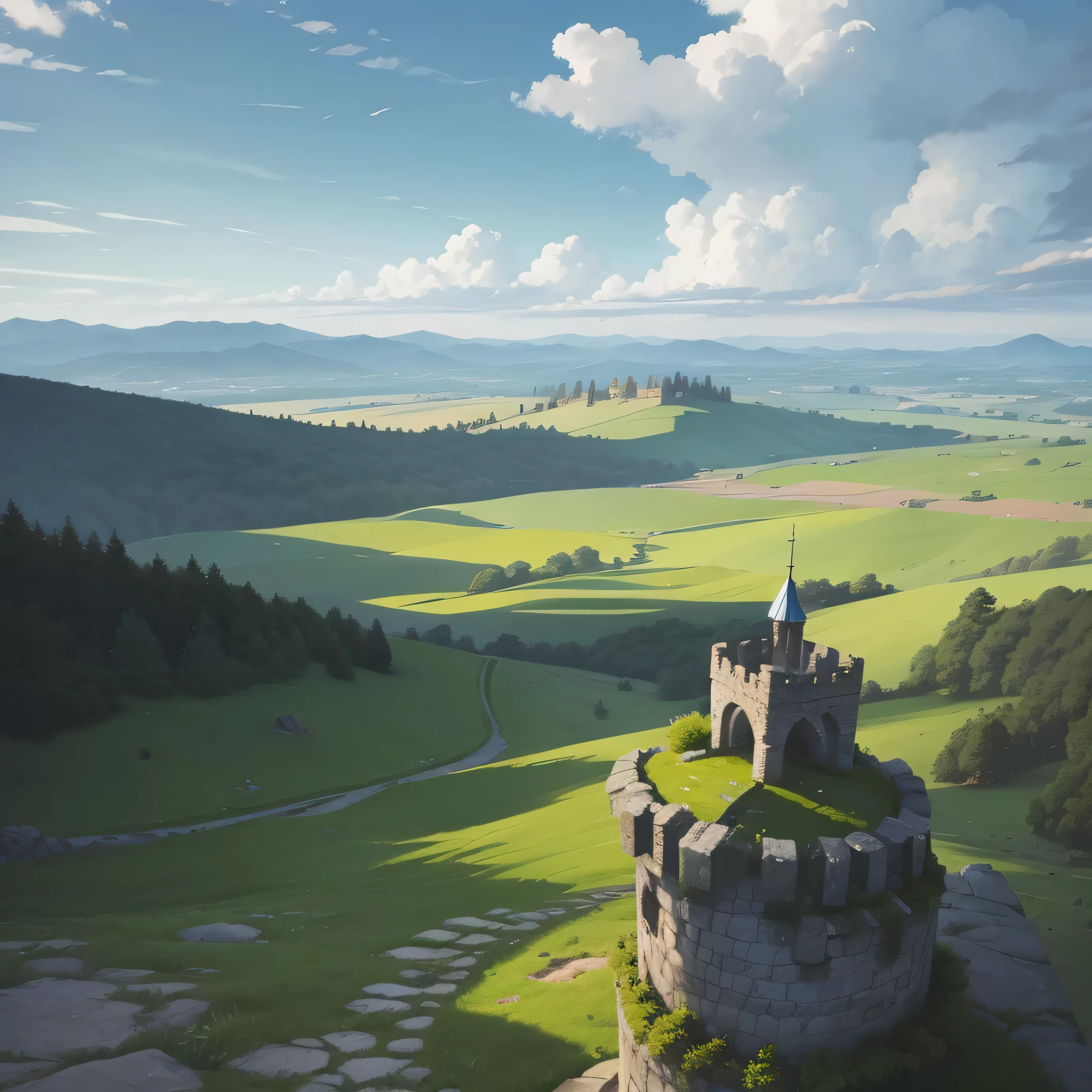 Illustration background,Meadow forest sky, ((Late afternoon scene)... (View at the top of a stone tower, gray color)