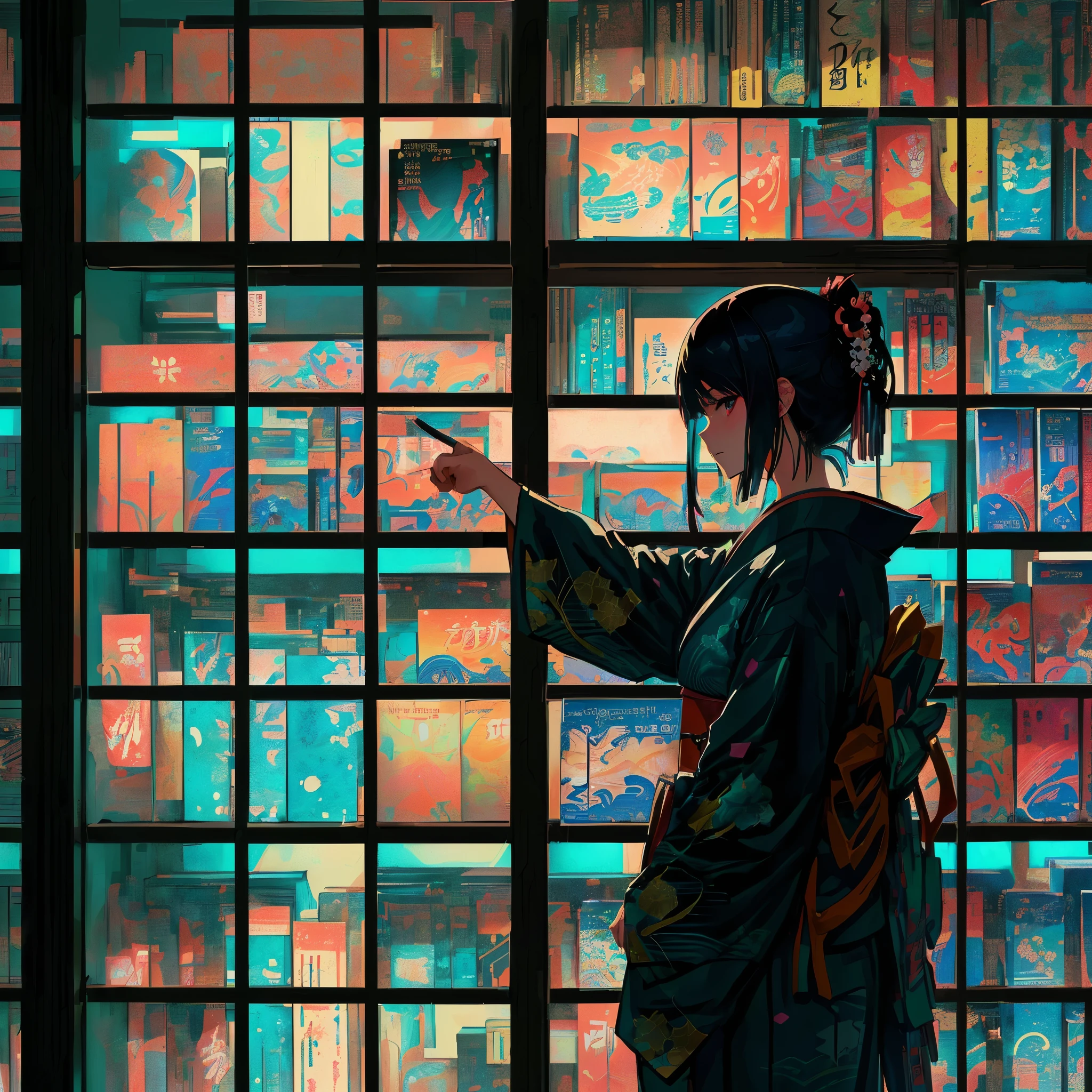 Anime girl in kimono pointing at bookshelf, Inspired by Liam Wong, Japanese science fiction art, by Yuumei, conrad roset and makoto shinkai, Library Background, Lo-fi Girl, anime art wallpaper 4k, 4K Manga Wallpapers, anime art wallpaper 4k, Infinite Library, Anime Art Wallpapers 8K, Lofi Art