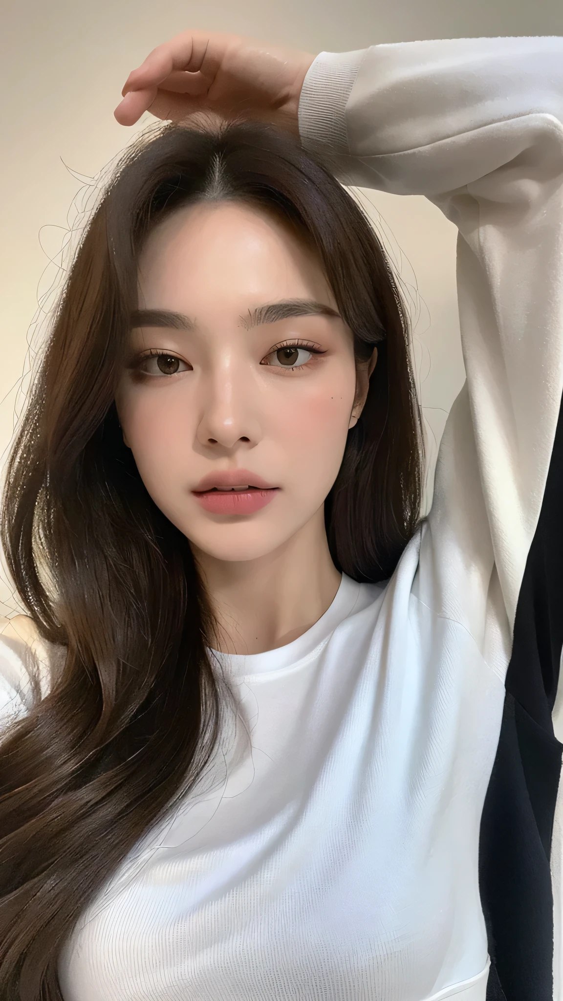 (Best Quality, High Resolution, Masterpiece: 1.3), A tall and beautiful woman, slender abs, dark brown hair, loose wavy shape, breasts, white T-shirt covered by open black varsity jacket, sweatpants, evening, details of face and skin texture beautifully presented, detailed eyes, double eyelids
