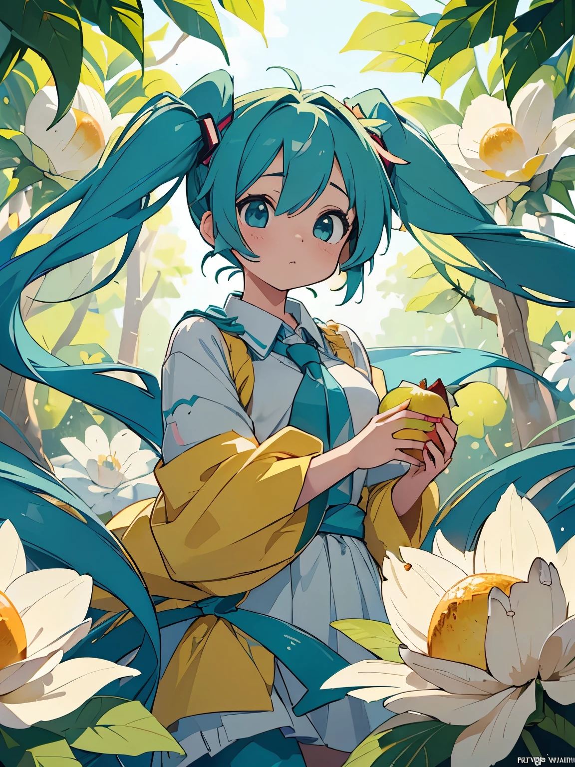 (masterpiece、highest quality、highest quality、Official Art、Beautiful and beautiful:1.2)、(One girl:1.3)Hatsune Miku、Twin tails,Beautiful breasts,(((Sports Late))) ,(((masterpiece))),(((highest quality))), ((Super detailed)), (Awareness-raising), ((Very sophisticated and beautiful)),Floating King, (Beautiful Eyes),(Detailed light),(((He is a fruit))),Fresh flowers,(color: 1.5),Educational children's book illustration, 原colorパレット, Dressed up as a witch for Halloween, rain,City Street View,night,Starlight,Confectionery,trouble,Feeling curious, kids book, KidsRedmAF, MKRU Style