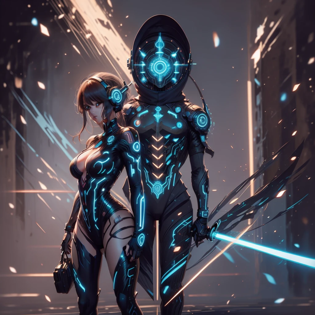 human Sorcerer secret agent, full body, wearing an elegant suit with magic circuits, long sword with magical carved details glowing, whole rabbit ears, human face, glowing eyes, fantasy RPG, tanned skin, neon punk, art book, Studio ghibli, wide setting, in the middle of a magical cyber retro metropolis, magical light reflected in the hair and ear, aura of light, style power, half-top view, old anime style