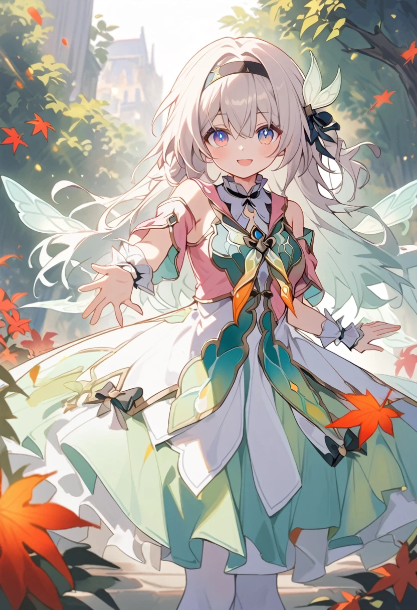 firefly \(honkai: star rail\),1girl,solo,(Pink strapless dress :1.5), (silver Long hair:1.5) ，black _ hair band, X-shaped _ eyebrows, hair band, POE _ Hair, bangs, bare shoulders, full body shot, white stockings, white heels, outdoor, red Maple Grove，