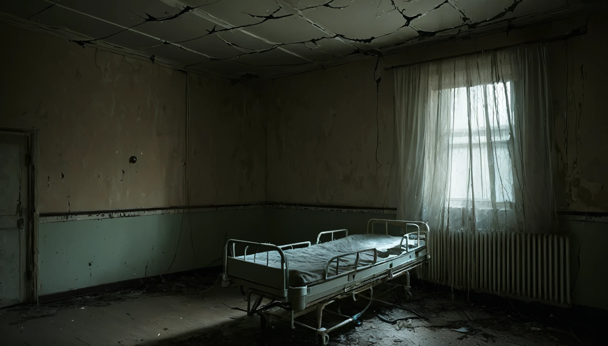 /Imagine Prompt:,
A dark and scary abandoned hospital ward. The room was lit by flickering ceiling lights.、dim。,Casts an eerie shadow on a cracked wall. Rusty medical equipment scattered around,Covered in dust and cobwebs. The bed is not made,The sheets were messed up,The curtains are torn and tattered. A faint sound from the broken window,A cold wind that brings anxiety. To break the silence、The only sounds are the occasional creaking of floorboards and the distant sound of dripping water.。. The atmosphere is one of fear and mystery.,As if the room still held unforgettable memories from the past..,