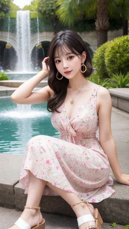 (8k, Photorealistic, Raw photo, Highest quality: 1.4),Japanese idol style1Beautiful girl of the person,18-year-old,Short bob hairstyle,Natural Waves,Black Hair,Hang your hair over your ears,Wearing small earrings in the ears,Big, clear grey eyes,Long eyelashes,Plump Cheeks,She is wearing pale pink lipstick.,Apply gloss over your lipstick for glossy, plump lips,A short pendant is hanging around her neck.,The nails on both hands are painted with light pink nail polish.,She is wearing a long, sleeveless, floral dress,Wearing sandals,View of the park fountain,Full body portrait