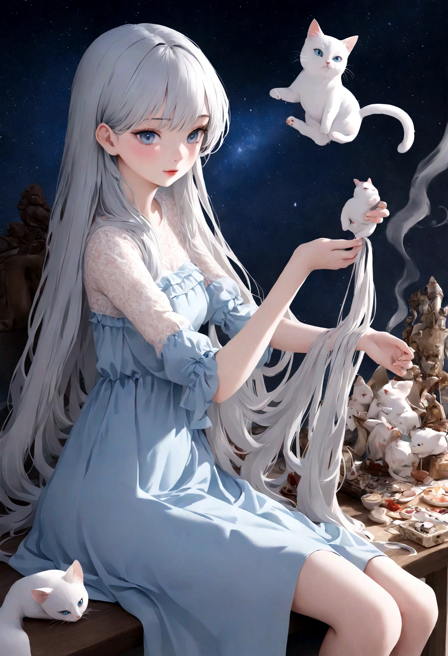 （Best quality，4K，8K，high resolution，Masterpiece：1.2），Super detailed，（Realistic，Photorealistic，Photo-realistic：1.37），Blue long hair， blue eyes， A flowing blue dress， White top，Three-quarter sleeves， Seated， Girl， Combing Hair， Starry sky background， Smoke Smudge， White cat，Dolls