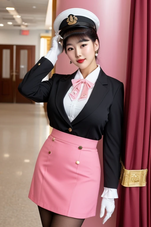 1 korean girl, solo, beautiful adult woman,best quality, high quality, high detail, 4k, 8k resolution,rim lighting (princess peach), (pink theme), black hair, red lips, Stewardess, pink uniform from the 1980s, ((hairstyle of the 1980s)), white gloves, lapel, garrison cap, pencil skirt, scarf, cuffs, flight pin, [name tag],big breasts, hourglass figure,