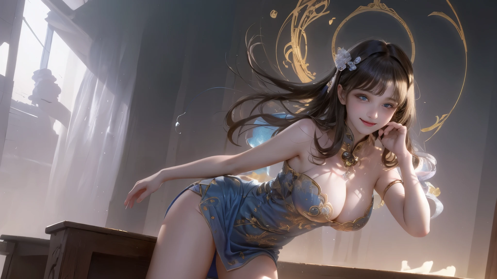 hyper harddisk, On the table, high quality, High Detail, best quality, High resolution, harddisk, 32k, 16K, 8K, 4k, The award-winning, official art, rest, 超realism, realism, Depth of Field, movie lighting, Backlighting, symmetry, Bokeh, F/1.8, Eye level shooting, 35 mm, hasul express, Extremely delicate and beautiful, Very detailed, Astonishing, Fine details, On the table, best quality, official art, absurd, Unbelievable and ridiculous, Huge file size, Extremely detailed, High resolution, Very detailed, Beautiful and delicate girl, (Cowboy shooting:1.25), rest, happy tears, Tears streaming down my face, (Serious smile:1.35), Very detailed eyes and Face, Beautiful and delicate eyes, There is light on the face, 18 years old, (Detailed luxury cheongsam,Any color:1.3), (Sophisticated Fantasy Dress:1.3), Detailed long straight hairstyle,No clothes included:1.2, Bangs, hair behind ears), Fine hair, (slim:1.15), (Big breasts:1.25), Perfect anatomical structure, Perfect proportions, (Chinese room background:1.25, Detailed background, midnight), (look at the audience, For the audience:1.15), (Sexy model pose, Open your legs, Lean forward, Put your hands between your legs, from below, Low Angle:1.25)